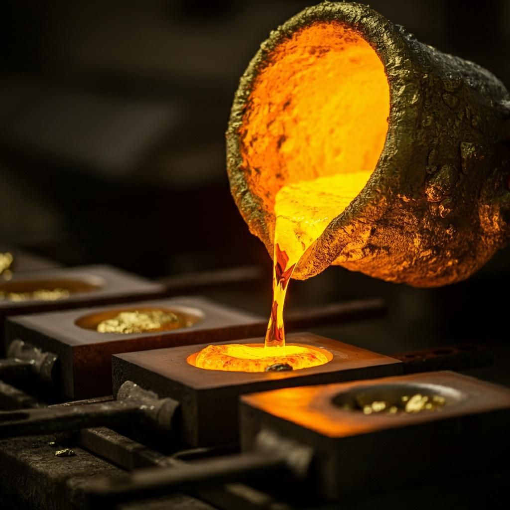 Molten 18K gold being poured into a mold
